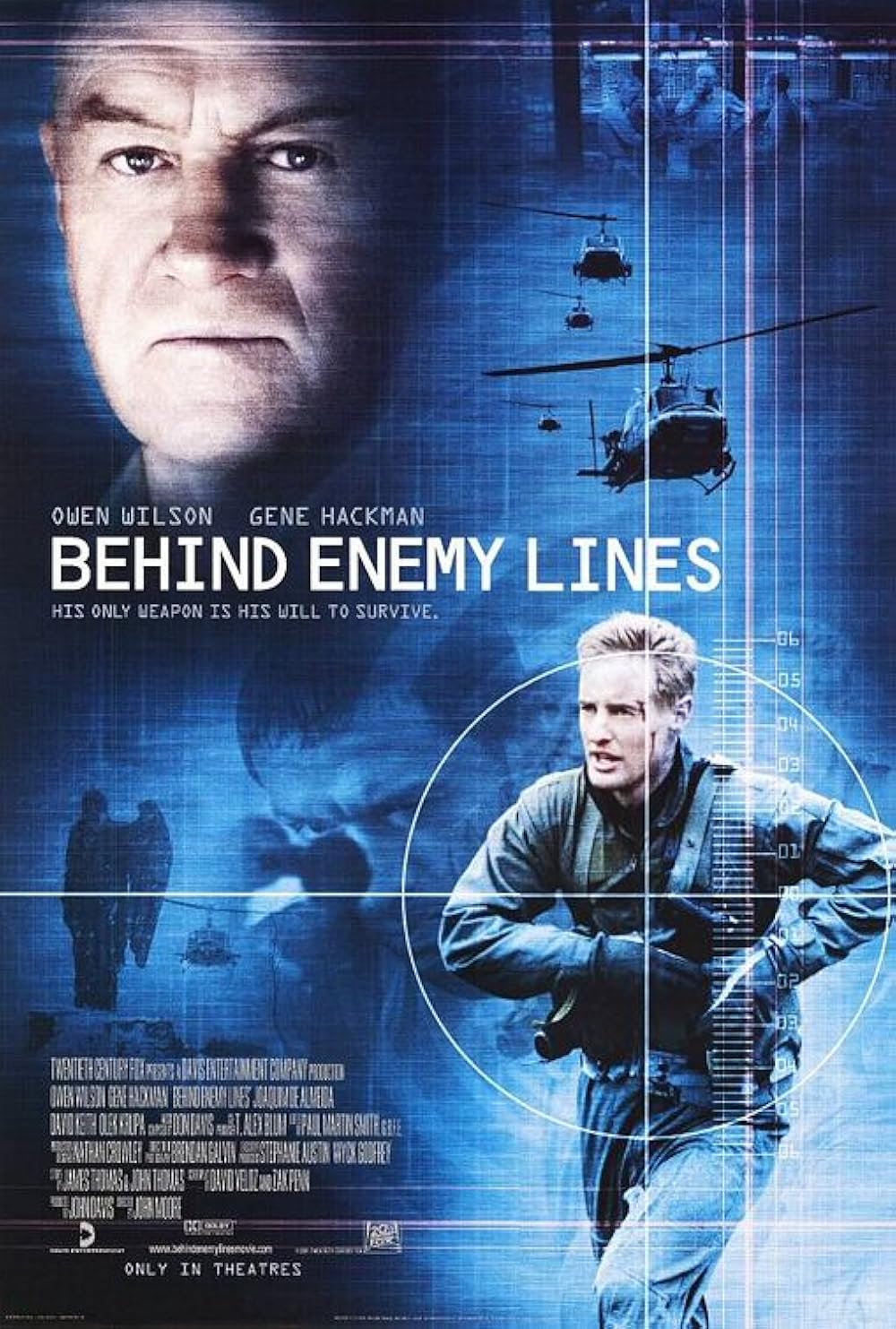 Affiche du film Behind Enemy Lines (2001) montrant Owen Wilson en pilote traqué et Gene Hackman en officier de la Navy, sur fond de conflit militaire en Bosnie.