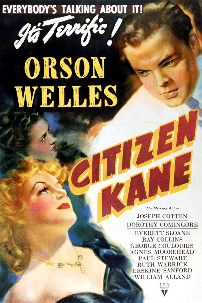 Affiche originale du film Citizen Kane de 1941 réalisé par Orson Welles, montrant le portrait imposant du personnage principal avec le slogan It's Terrific.