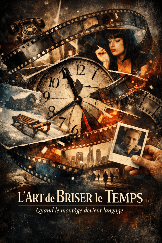 Affiche de style collage vintage pour l'article "L'art de briser le temps". On y voit une horloge brisée, une femme brune fumant une cigarette, une luge dans la neige, un vieux téléphone et une main tenant un portrait Polaroid, le tout entrelacé de pellicules de film.