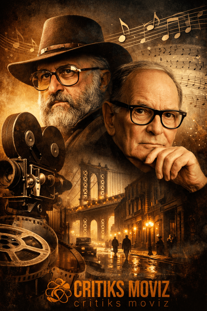 Portrait collage de Sergio Leone et Ennio Morricone avec des éléments symboliques de leurs films.