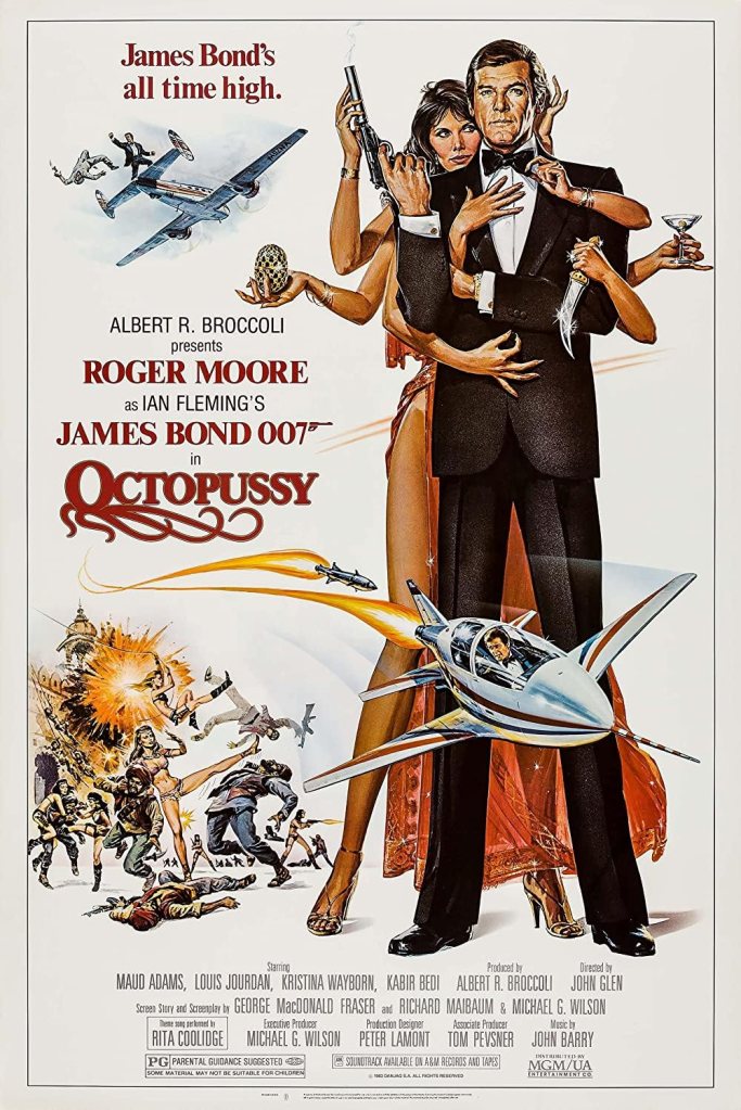 Affiche du film Octopussy montrant James Bond dans une composition mêlant action, exotisme et espionnage.