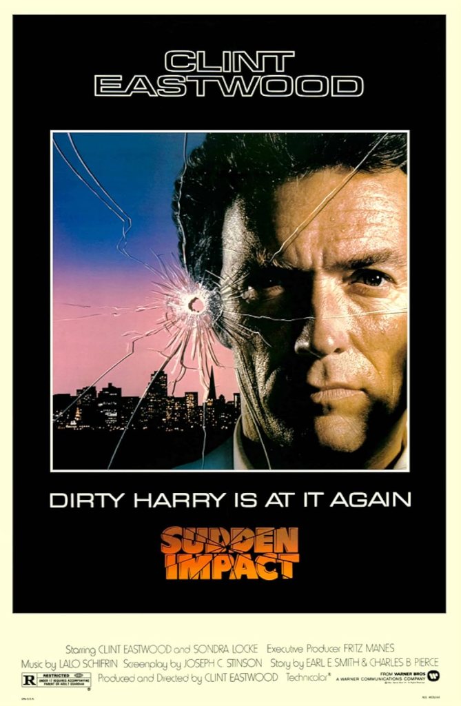 Affiche du film Sudden Impact (1983) montrant Clint Eastwood en gros plan avec une vitre brisée en arrière-plan urbain.